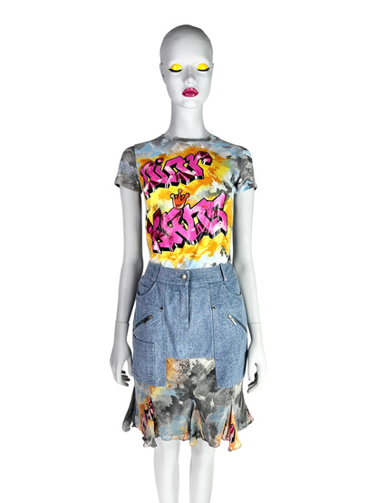 Dior by John Galliano Spring 2004 “Dior Kaos” Printed T-Shirt and Skirt Ensemble