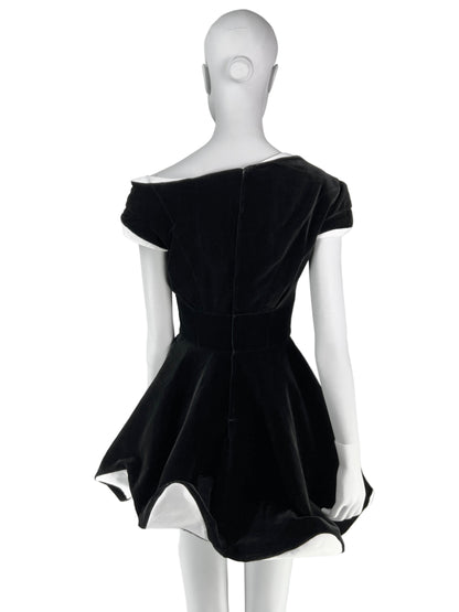 Thierry Mugler Fall 1994 Runway Velvet Dress with White Contrast Details