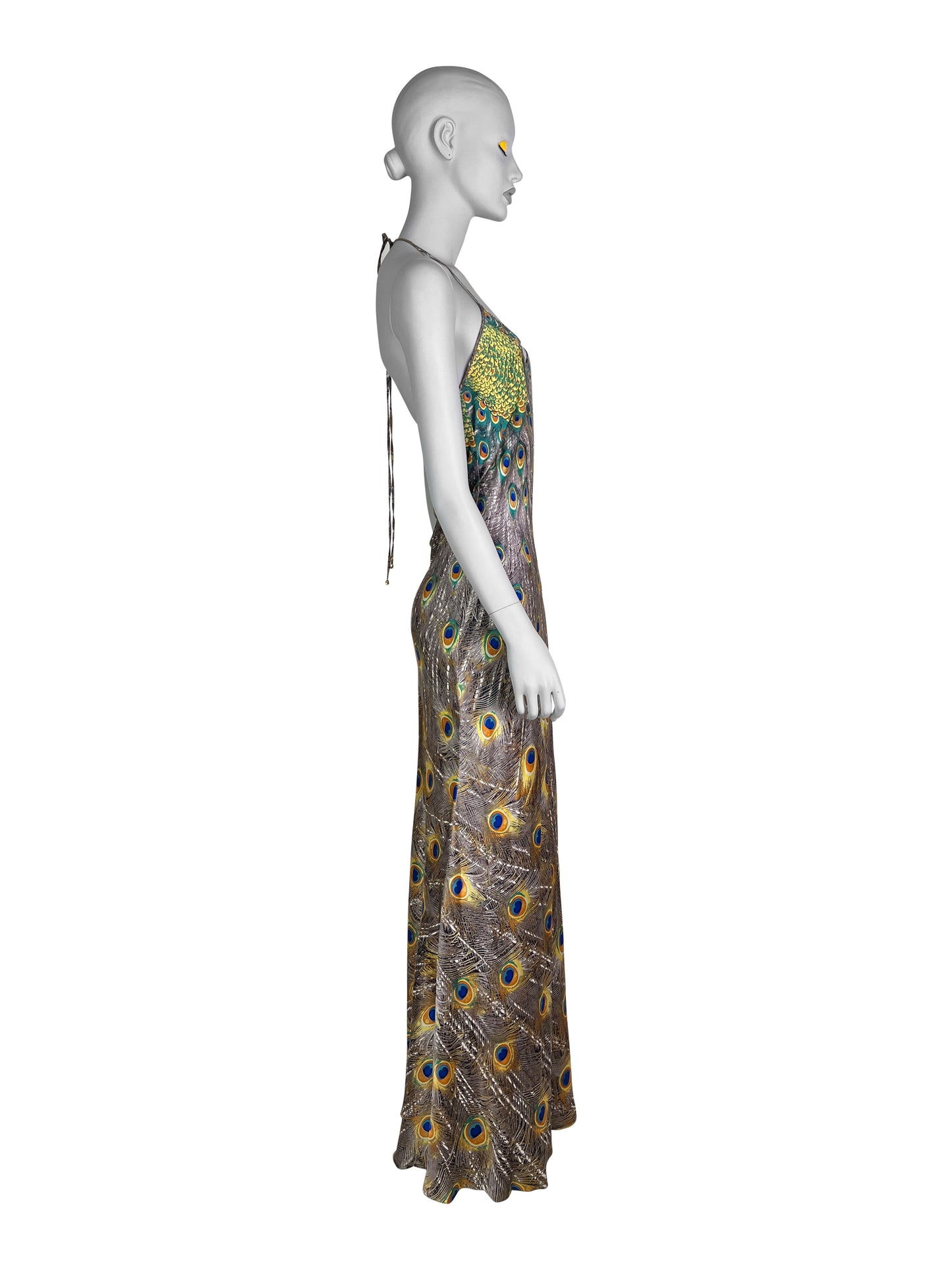 Roberto Cavalli Fall 1999 Peacock Print Bias Cut Silk Gown