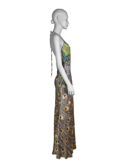 Roberto Cavalli Fall 1999 Peacock Print Bias Cut Silk Gown