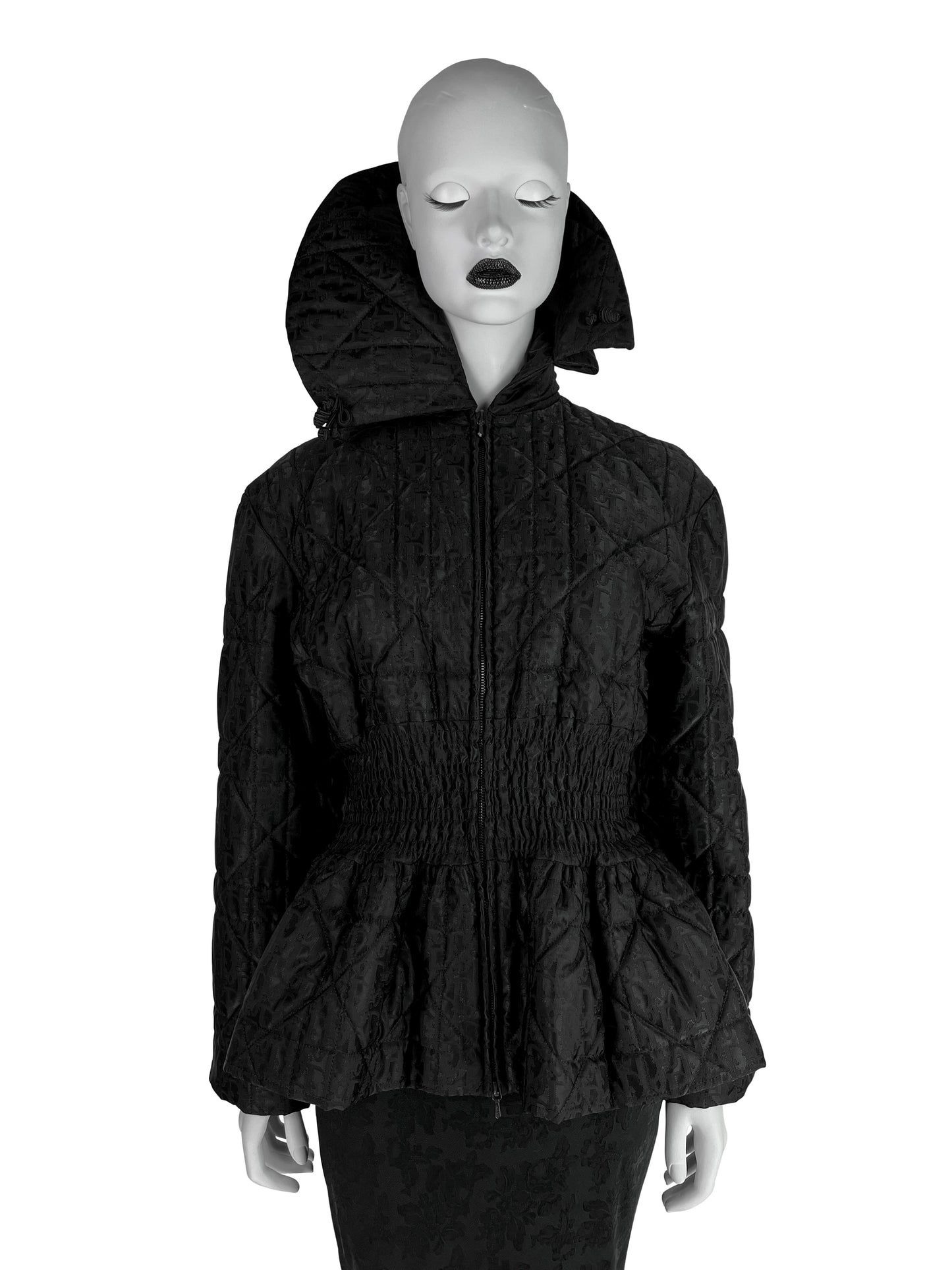 Dior by John Galliano Fall 1998 Black Peplum Monogram Jacket and Jacquard Evening Skirt Runway Ensemble