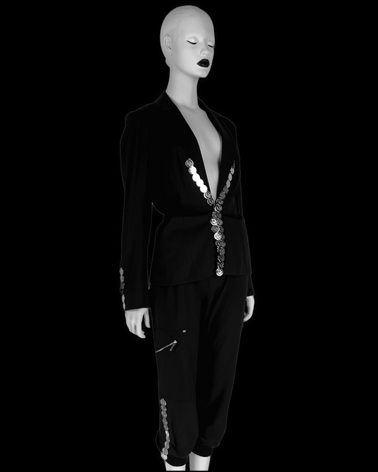 Dior by John Galliano Spring 2004 Black Suit with Silver Logo Coins