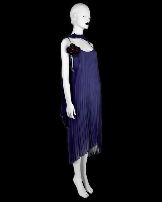 Dolce & Gabbana Fall 2000 Purple Pleated Silk Dress with Leather Flower & Matching Stola