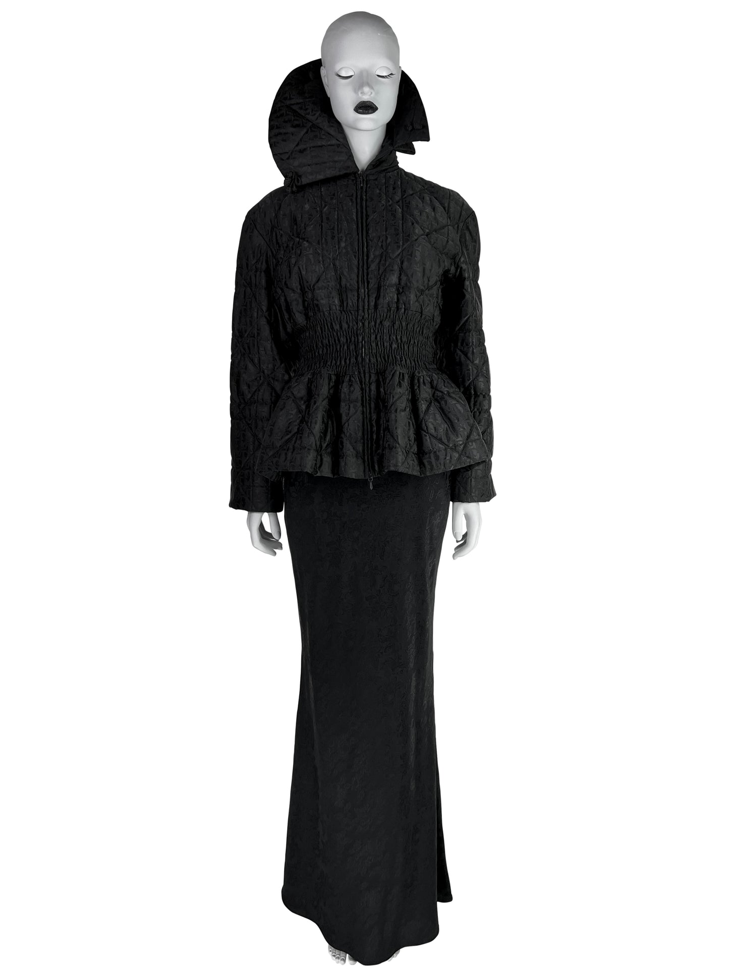 Dior by John Galliano Fall 1998 Black Peplum Monogram Jacket and Jacquard Evening Skirt Runway Ensemble