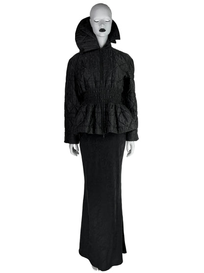 Dior by John Galliano Fall 1998 Black Peplum Monogram Jacket and Jacquard Evening Skirt Runway Ensemble