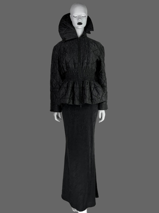 Dior by John Galliano Fall 1998 Black Peplum Monogram Jacket and Jacquard Evening Skirt Runway Ensemble