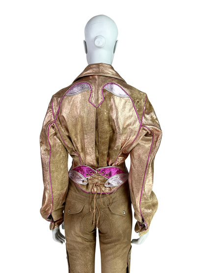 Roberto Cavalli Spring 2002 Rose Gold Suede Leather Moto Jacket