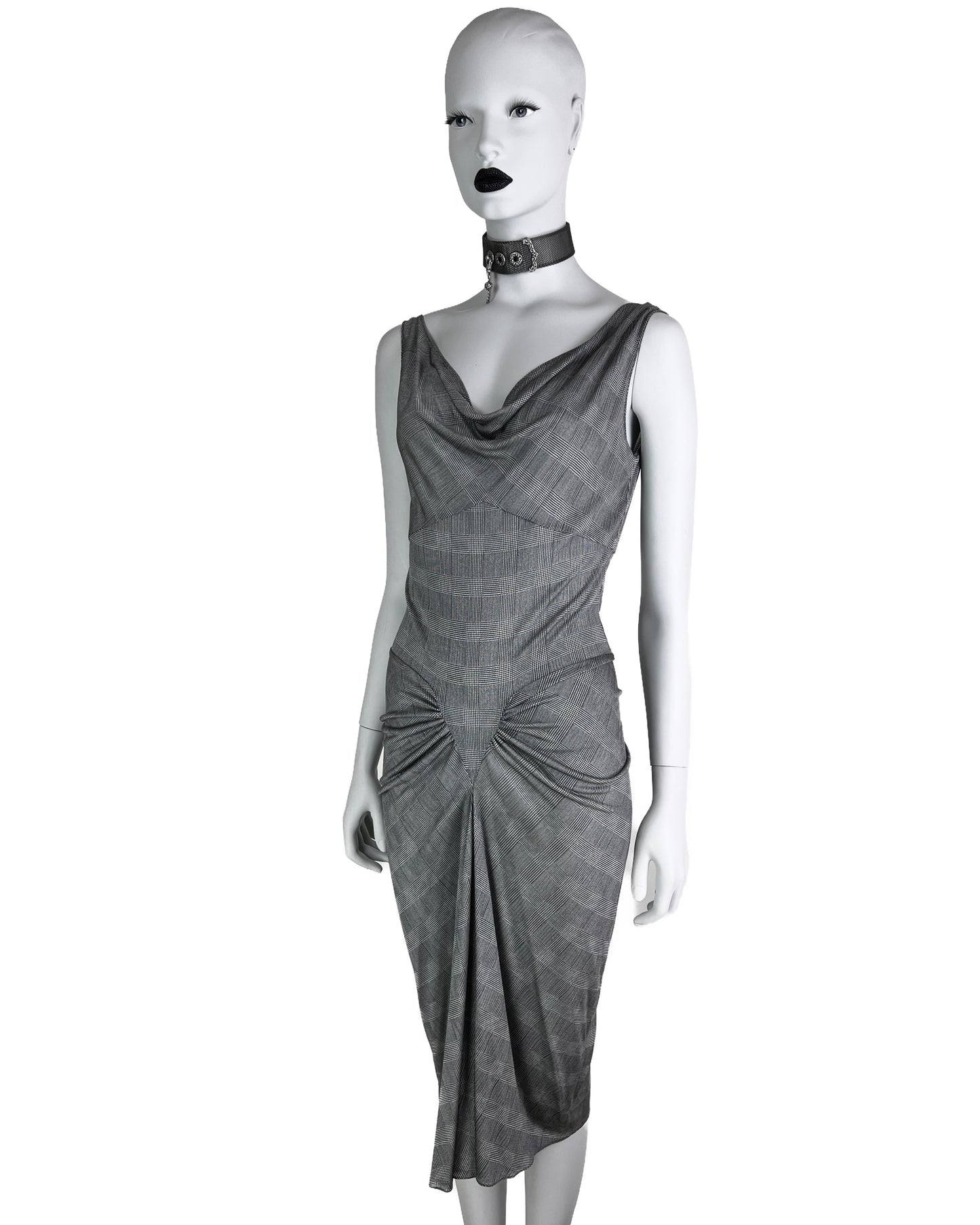 Dior Spring 2000 Plaid Print Silk Draped Jersey Dress