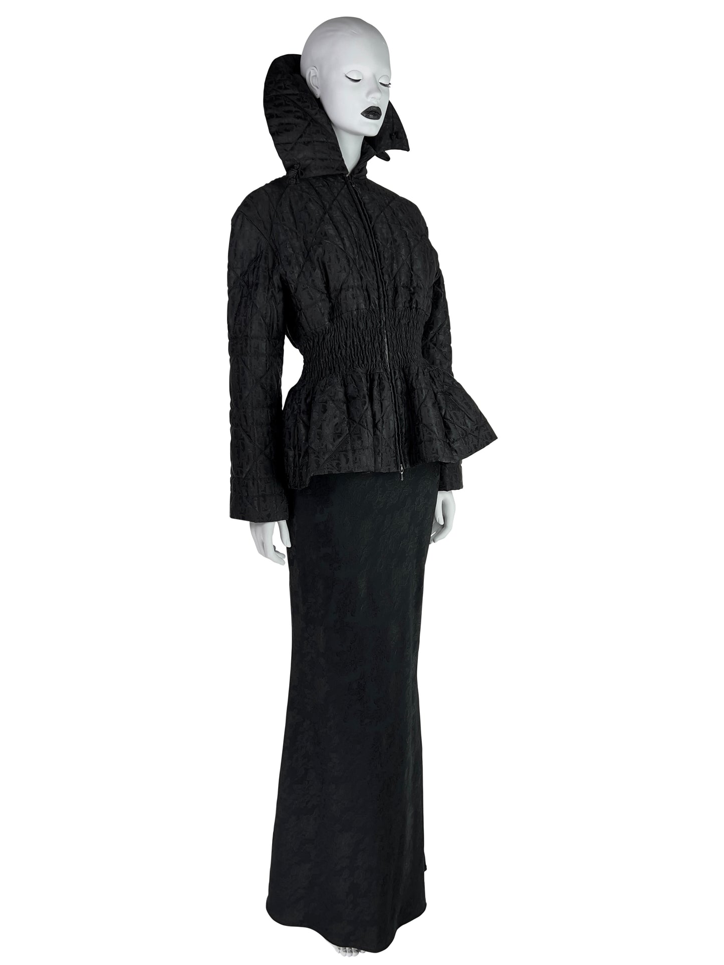 Dior by John Galliano Fall 1998 Black Peplum Monogram Jacket and Jacquard Evening Skirt Runway Ensemble