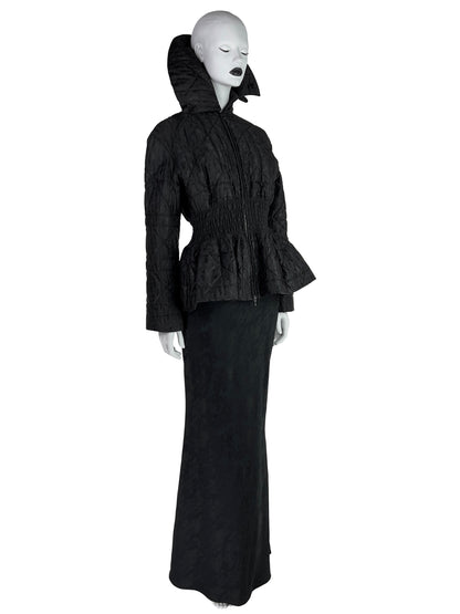 Dior by John Galliano Fall 1998 Black Peplum Monogram Jacket and Jacquard Evening Skirt Runway Ensemble