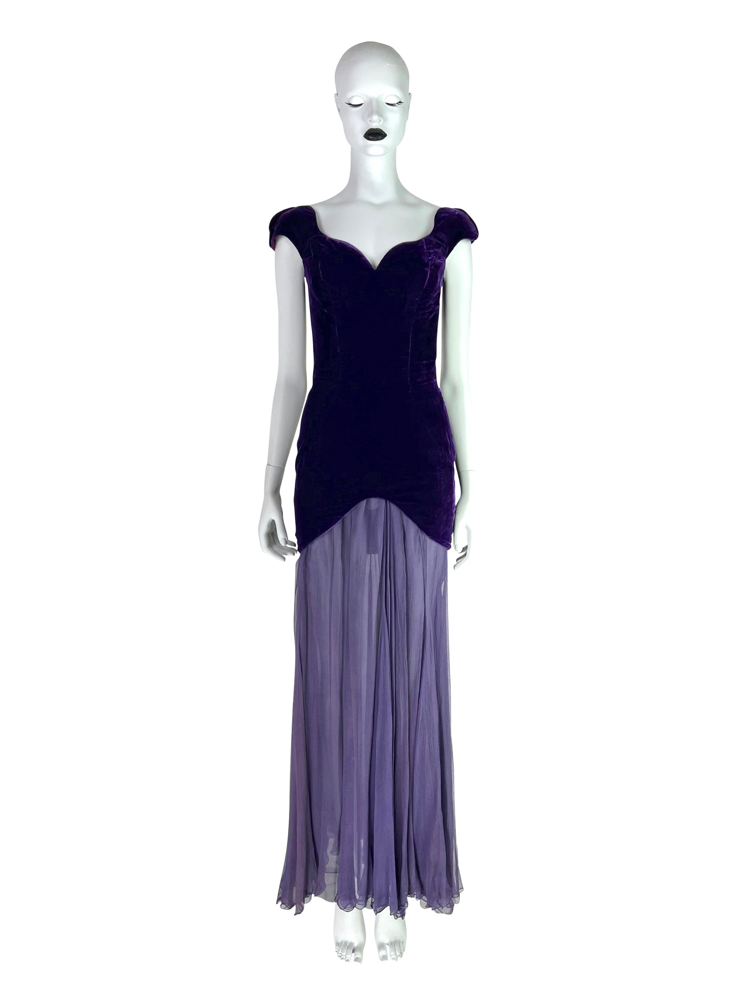 Thierry Mugler Circa 1980 Ultra-Rare Demi-Couture Velvet & Chiffon Purple Gown