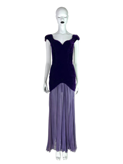 Thierry Mugler Circa 1980 Ultra-Rare Demi-Couture Velvet & Chiffon Purple Gown