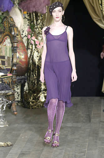 Dolce & Gabbana Fall 2000 Purple Pleated Silk Dress with Leather Flower & Matching Stola