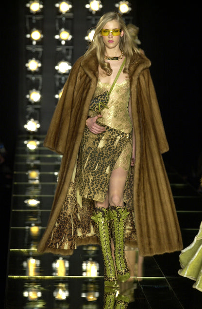 Dior by John Galliano Fall 2000 Layered Leopard Print Denim and Lace Skirt