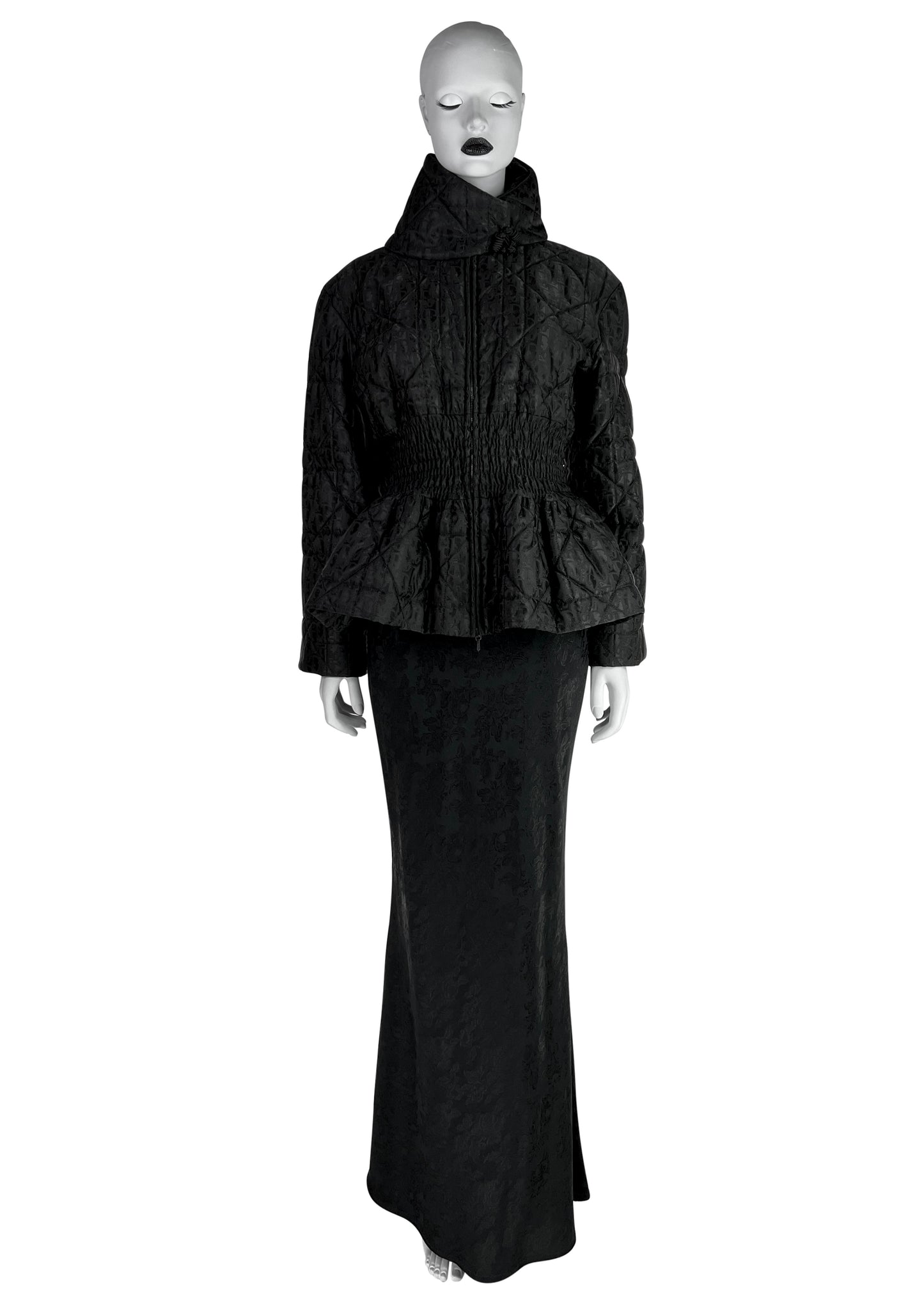 Dior by John Galliano Fall 1998 Black Peplum Monogram Jacket and Jacquard Evening Skirt Runway Ensemble