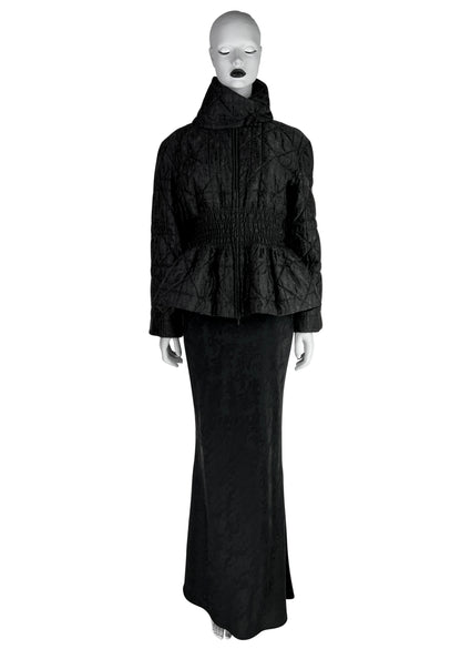 Dior by John Galliano Fall 1998 Black Peplum Monogram Jacket and Jacquard Evening Skirt Runway Ensemble