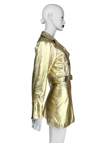 Gianni Versace Fall 1994 Metallic Gold Mock Croc Embossed Leather Motorbike Jacket & Mini Skirt Ensemble