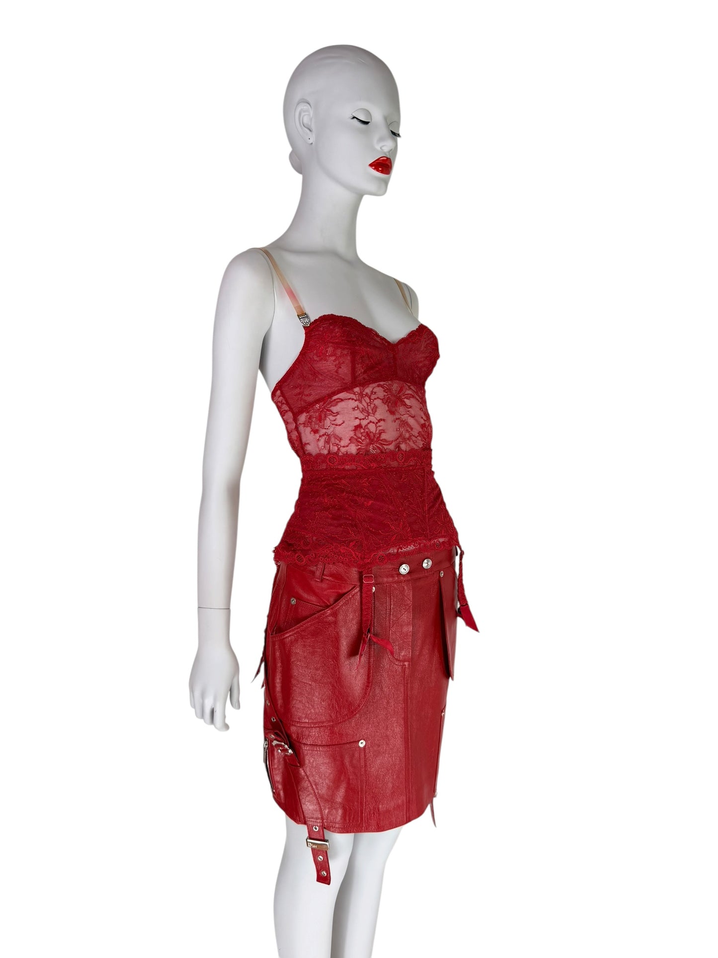 Dior by John Galliano Fall 2003 Red Leather Garter Skirt