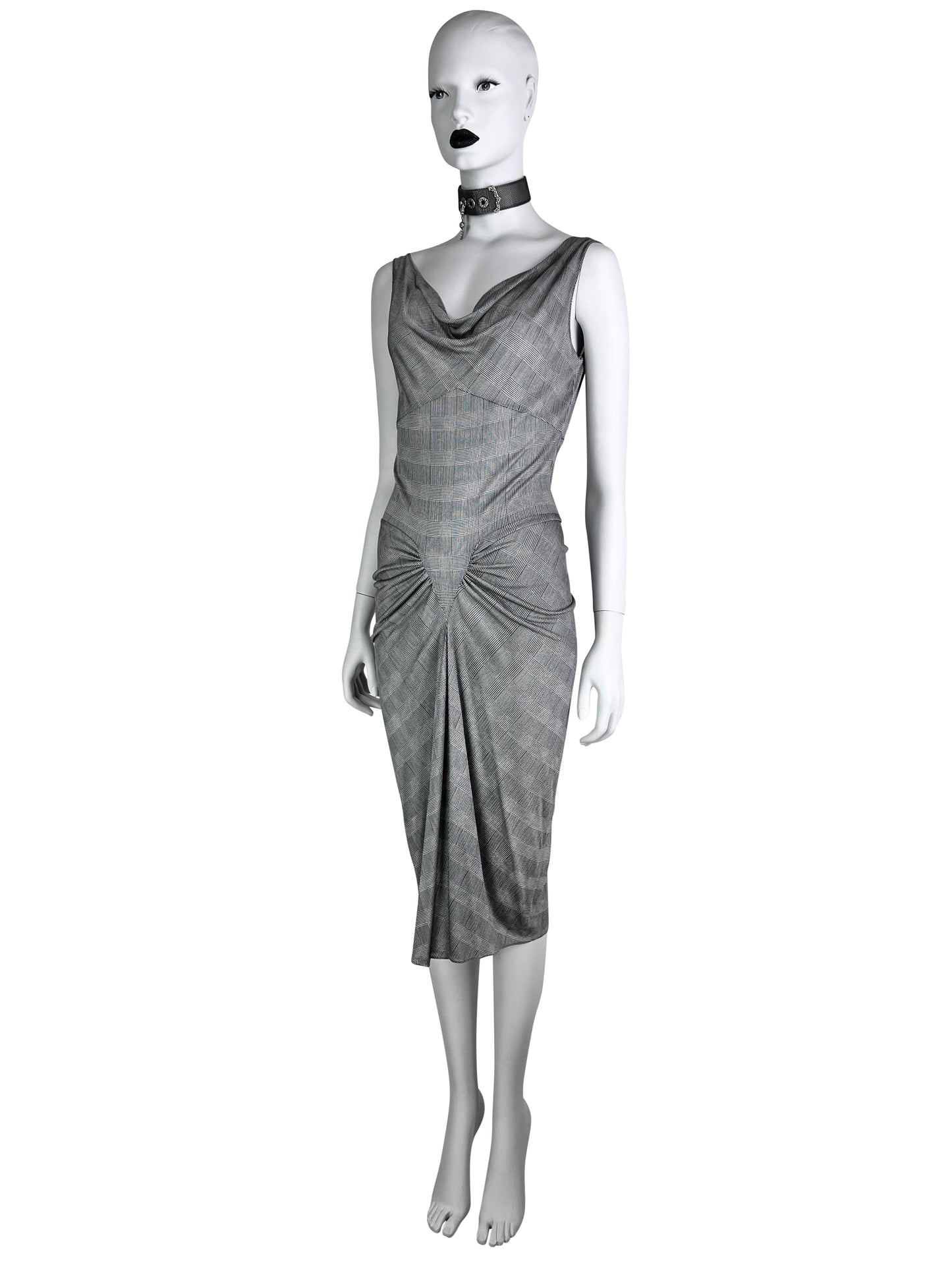 Dior Spring 2000 Plaid Print Silk Draped Jersey Dress