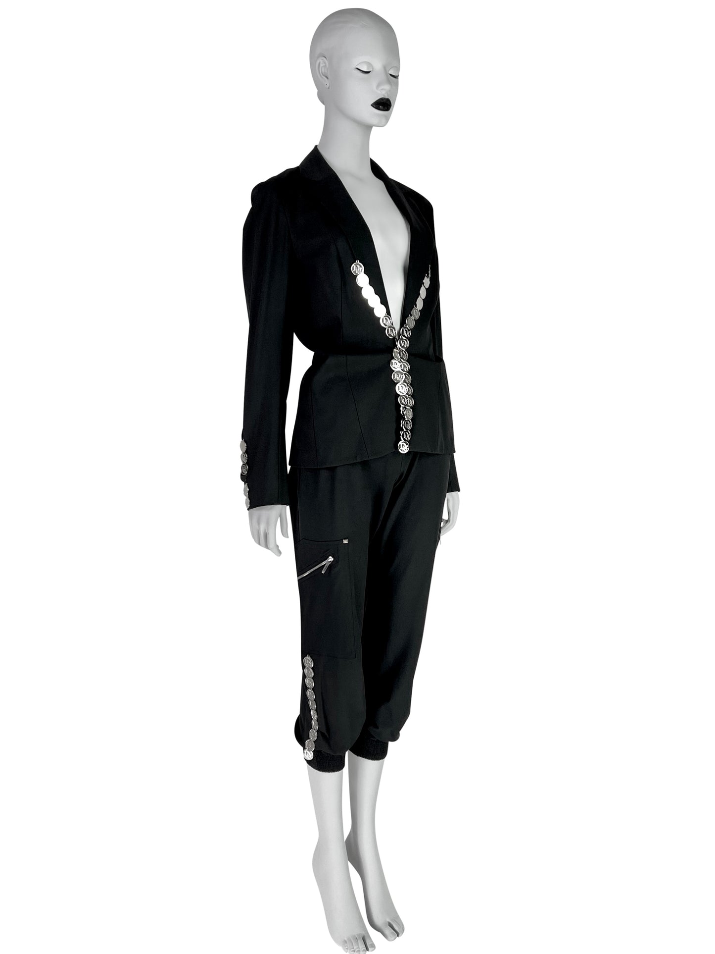 Dior by John Galliano Spring 2004 Black Suit with Silver Logo Coins