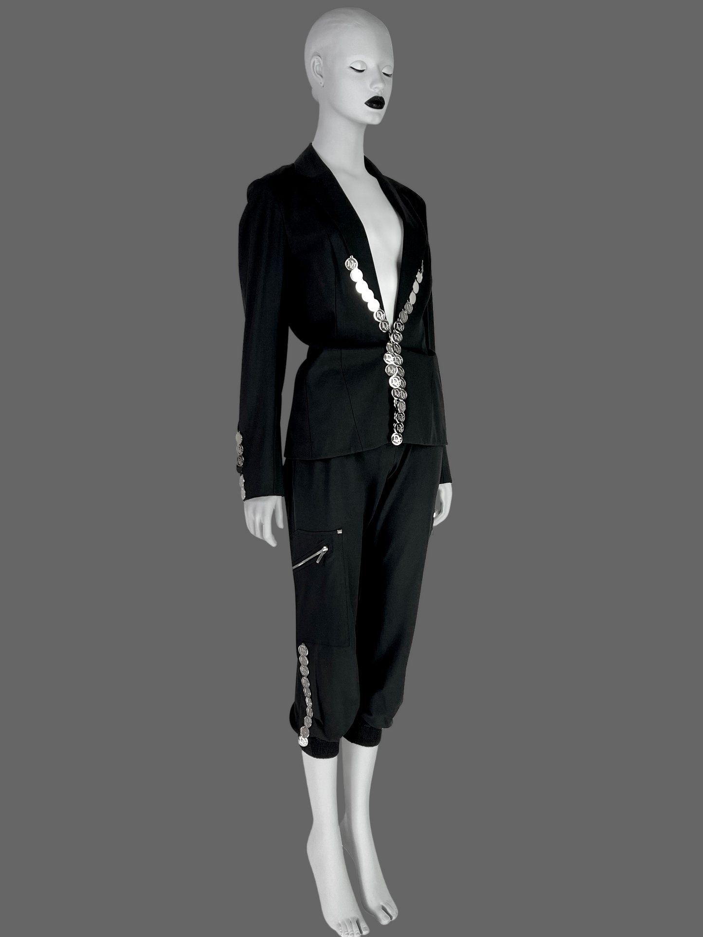 Dior by John Galliano Spring 2004 Black Suit with Silver Logo Coins
