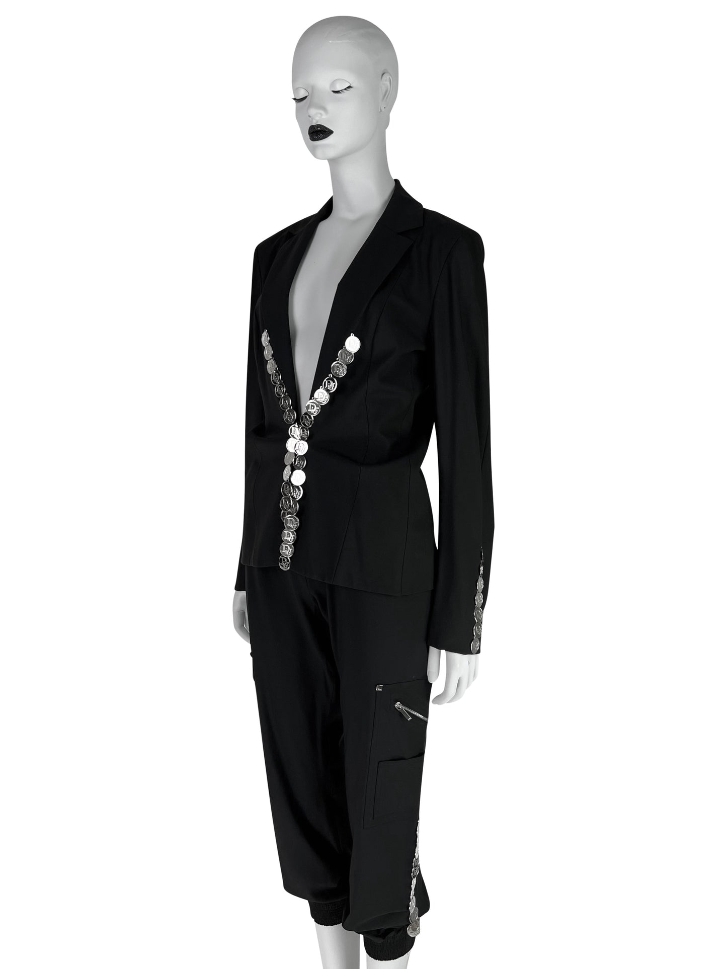 Dior by John Galliano Spring 2004 Black Suit with Silver Logo Coins
