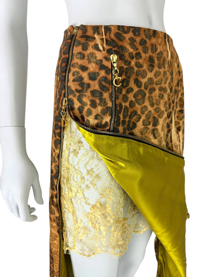 Dior by John Galliano Fall 2000 Layered Leopard Print Denim and Lace Skirt