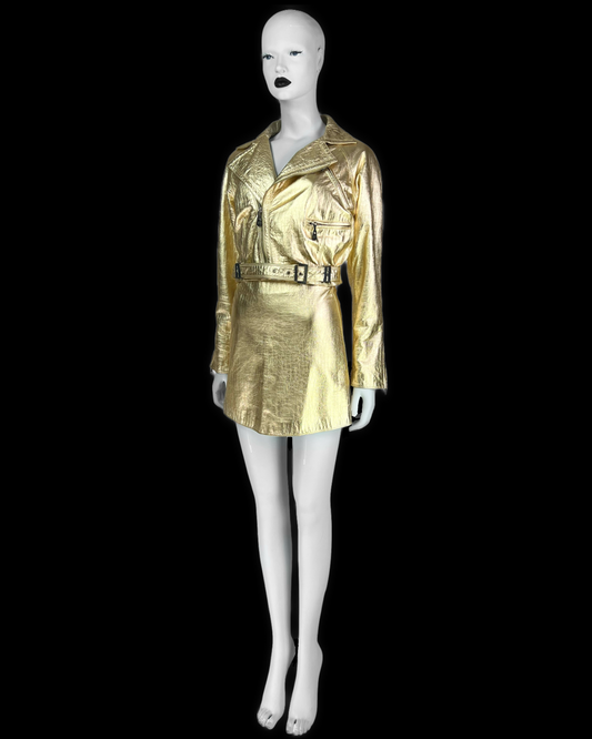 Gianni Versace Fall 1994 Metallic Gold Mock Croc Embossed Leather Motorbike Jacket & Mini Skirt Ensemble