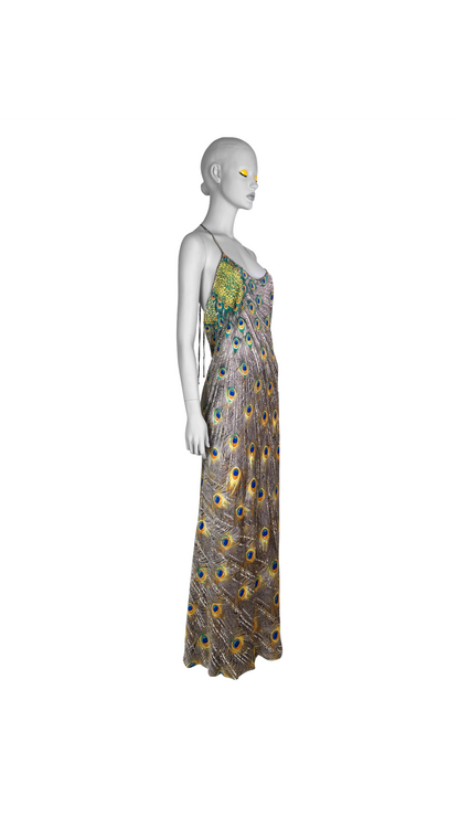 Roberto Cavalli Fall 1999 Peacock Print Bias Cut Silk Gown
