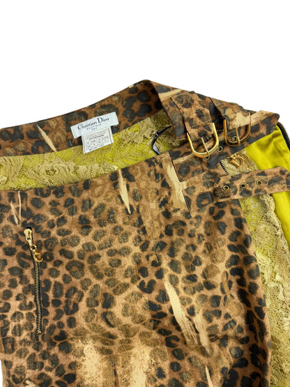 Dior by John Galliano Fall 2000 Layered Leopard Print Denim and Lace Skirt