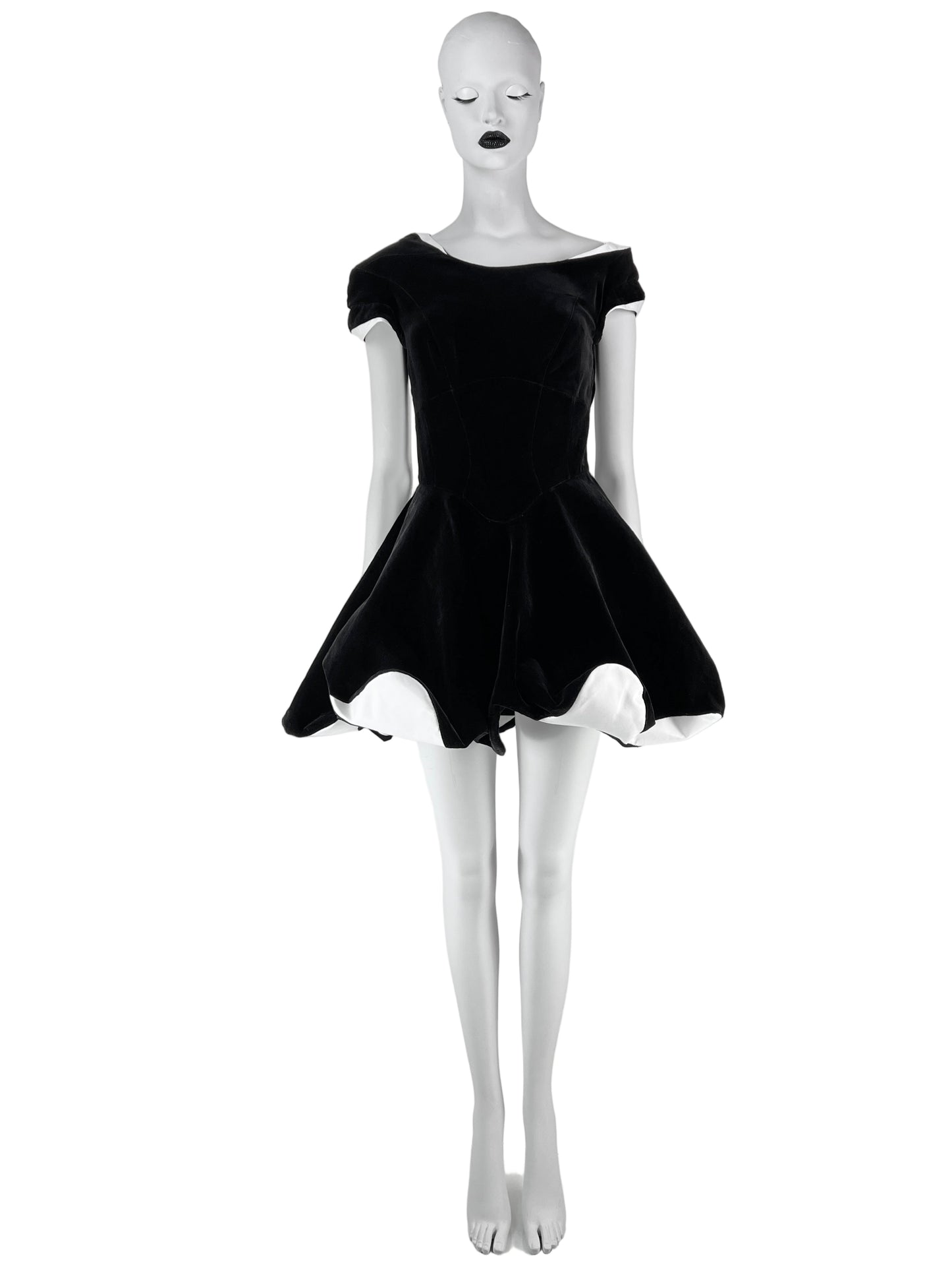 Thierry Mugler Fall 1994 Runway Velvet Dress with White Contrast Details