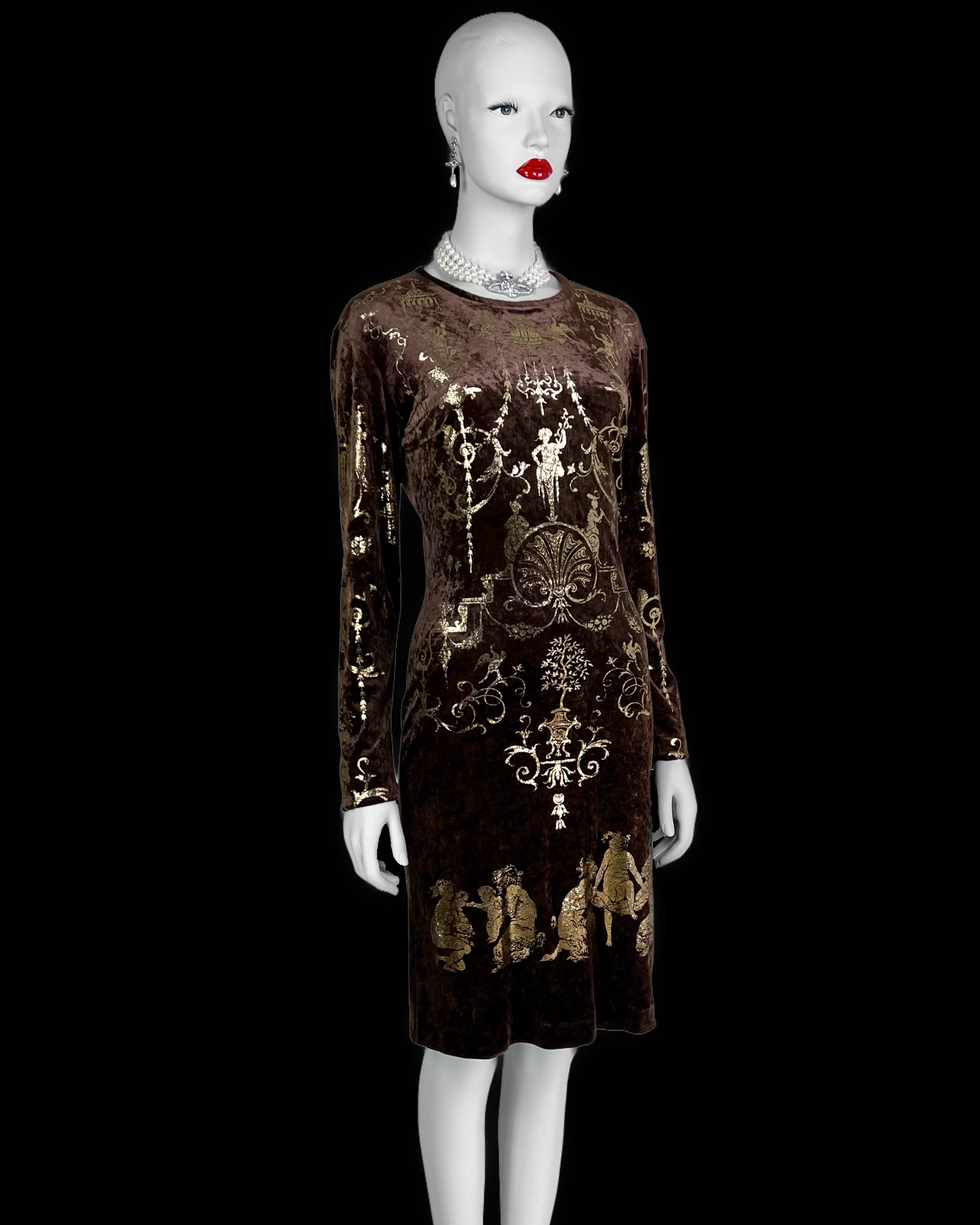 Vivienne Westwood Fall 1990 “Portrait Collection” Foiled “Boulle” Printed Velvet Bodycon Dress