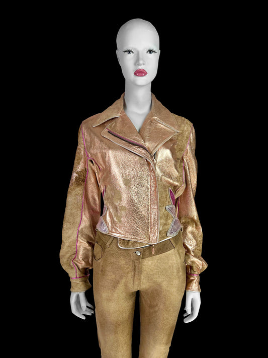 Roberto Cavalli Spring 2002 Rose Gold Suede Leather Moto Jacket