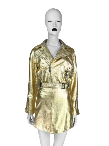 Gianni Versace Fall 1994 Metallic Gold Mock Croc Embossed Leather Motorbike Jacket & Mini Skirt Ensemble