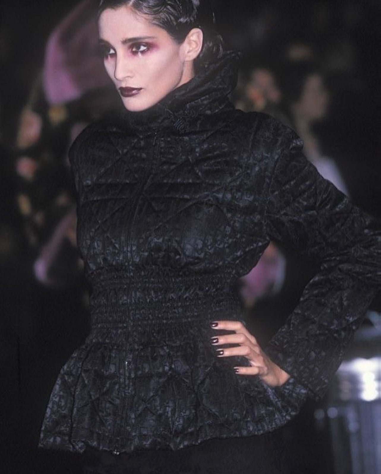 Dior by John Galliano Fall 1998 Black Peplum Monogram Jacket and Jacquard Evening Skirt Runway Ensemble