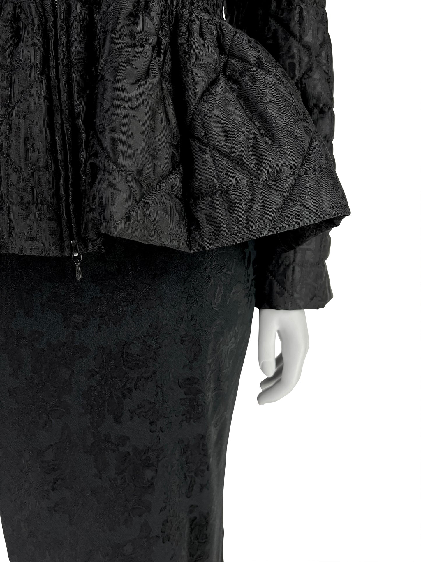 Dior by John Galliano Fall 1998 Black Peplum Monogram Jacket and Jacquard Evening Skirt Runway Ensemble