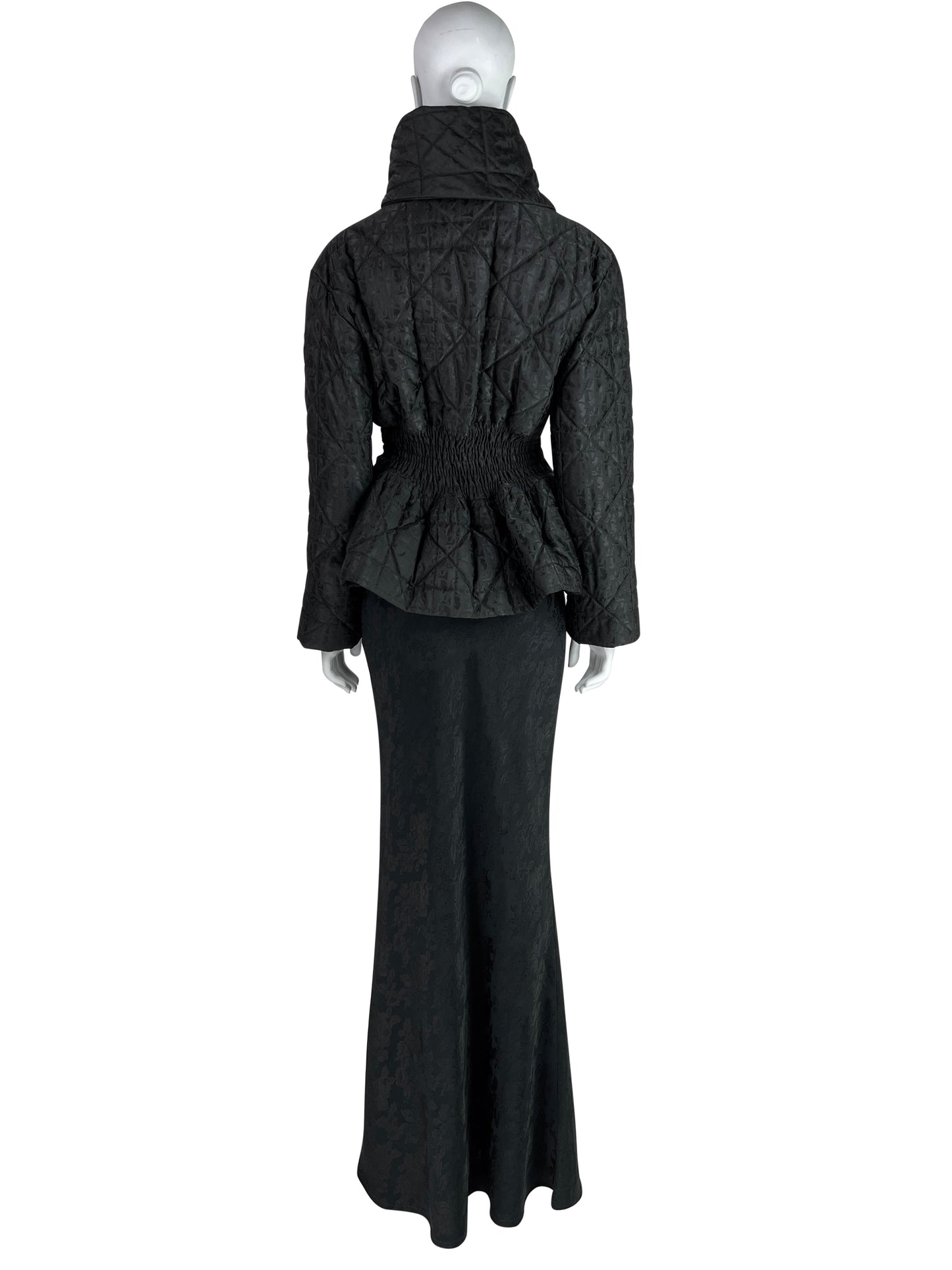 Dior by John Galliano Fall 1998 Black Peplum Monogram Jacket and Jacquard Evening Skirt Runway Ensemble