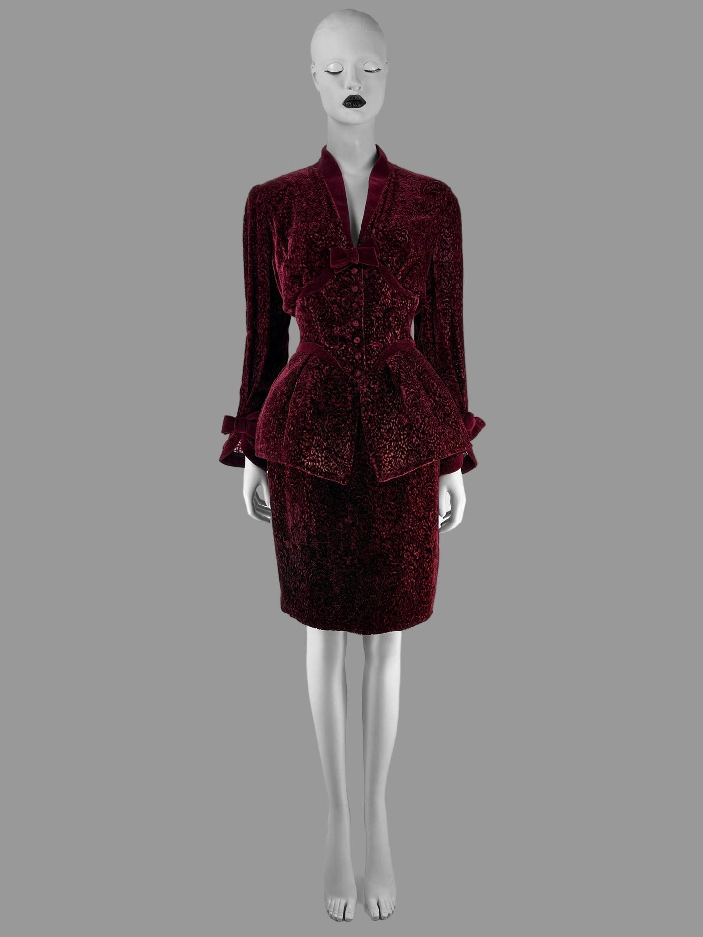 Thierry Mugler Fall 1995 Wine Red Devoré Velvet Lace Skirt Suit