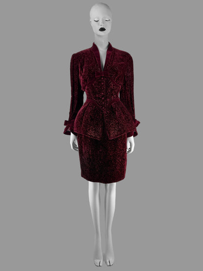 Thierry Mugler Fall 1995 Wine Red Devoré Velvet Lace Skirt Suit