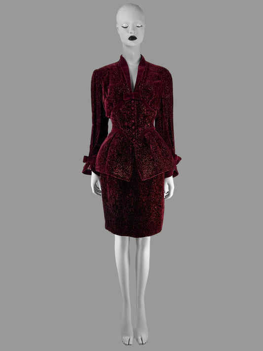 Thierry Mugler Fall 1995 Wine Red Devoré Velvet Lace Skirt Suit
