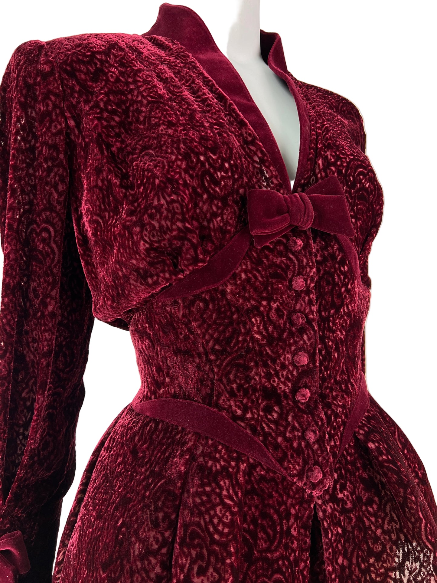 Thierry Mugler Fall 1995 Wine Red Devoré Velvet Lace Skirt Suit
