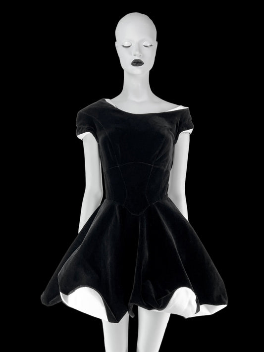 Thierry Mugler Fall 1994 Runway Velvet Dress with White Contrast Details