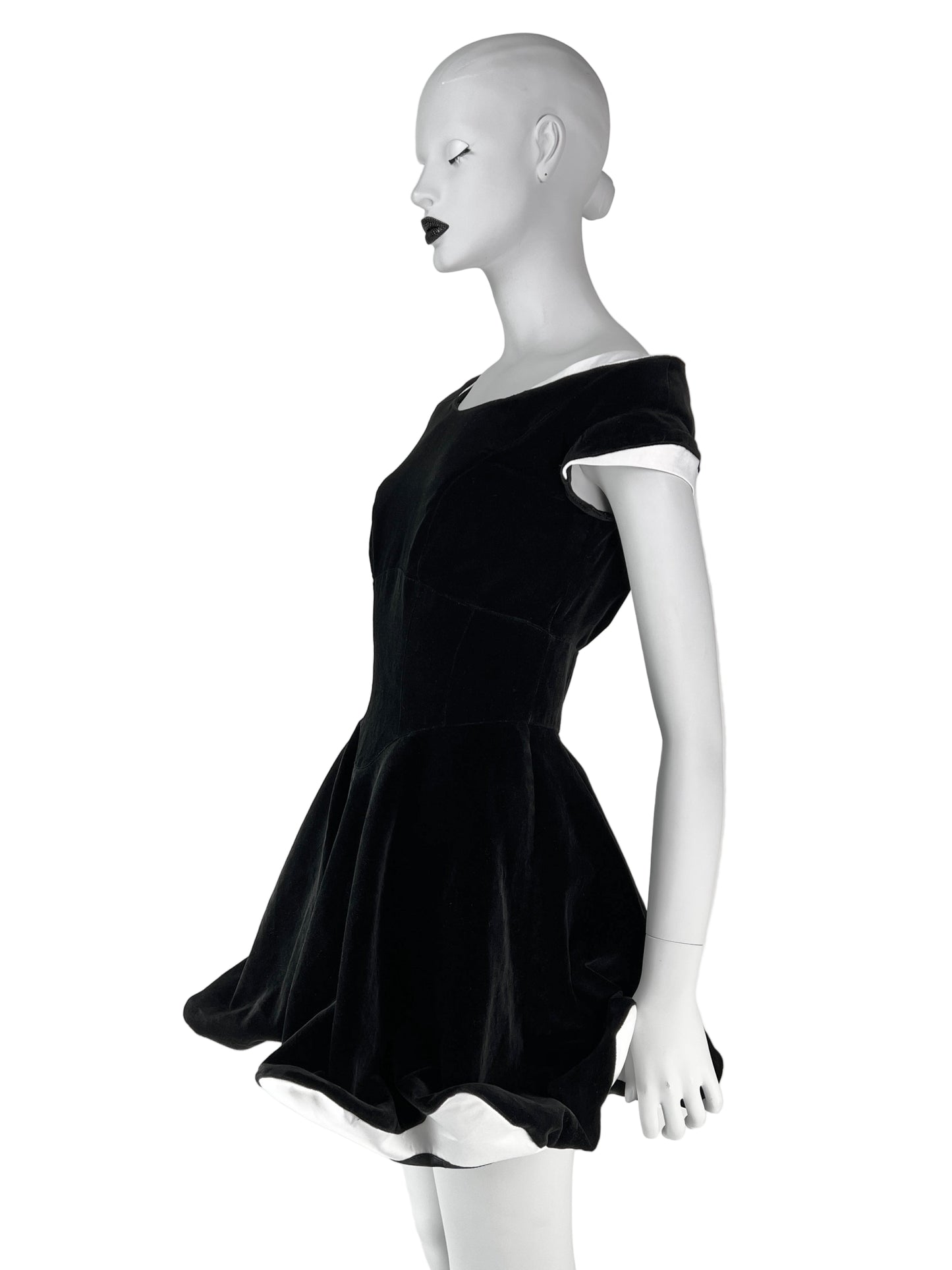 Thierry Mugler Fall 1994 Runway Velvet Dress with White Contrast Details