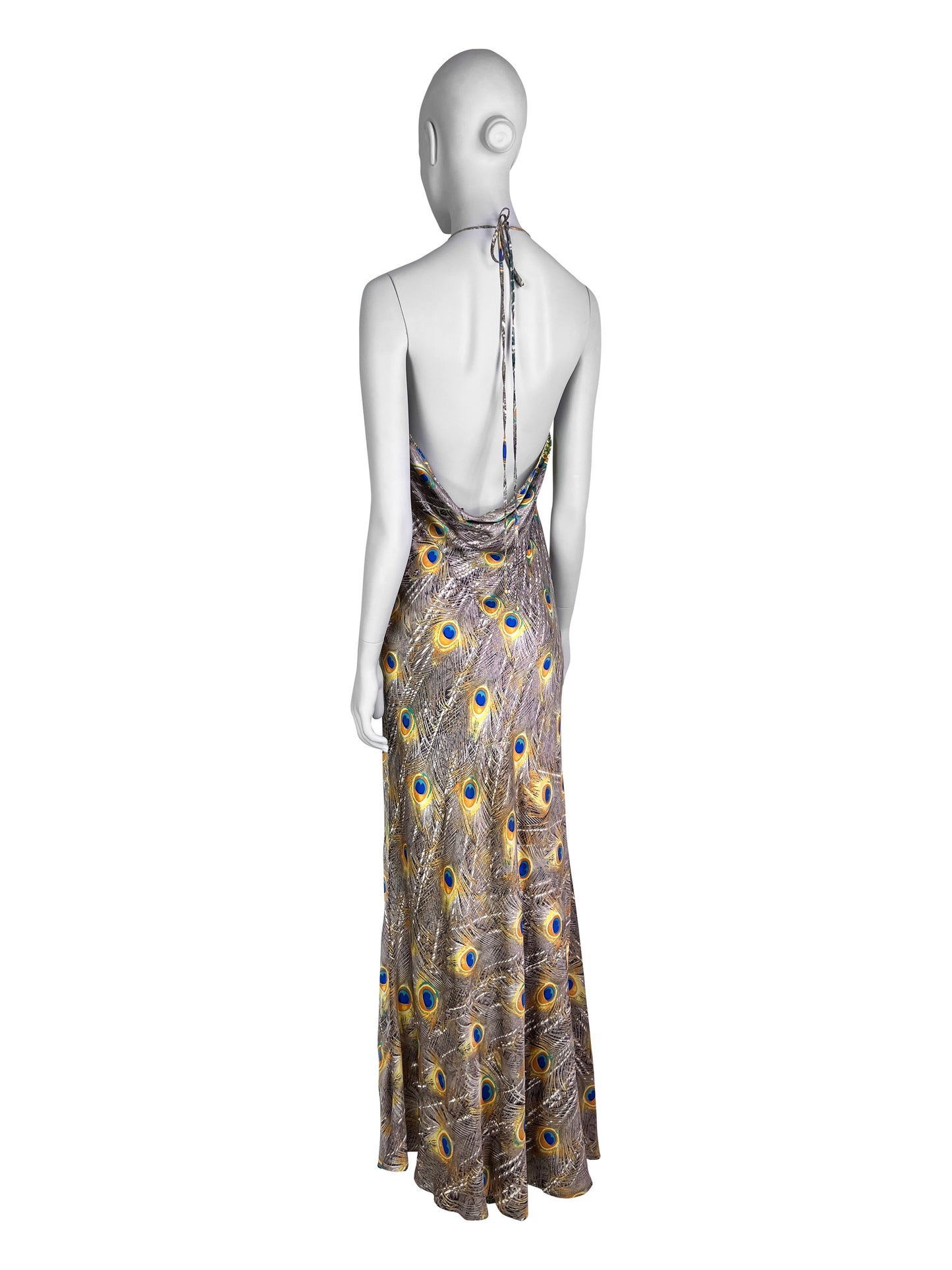Roberto Cavalli Fall 1999 Peacock Print Bias Cut Silk Gown