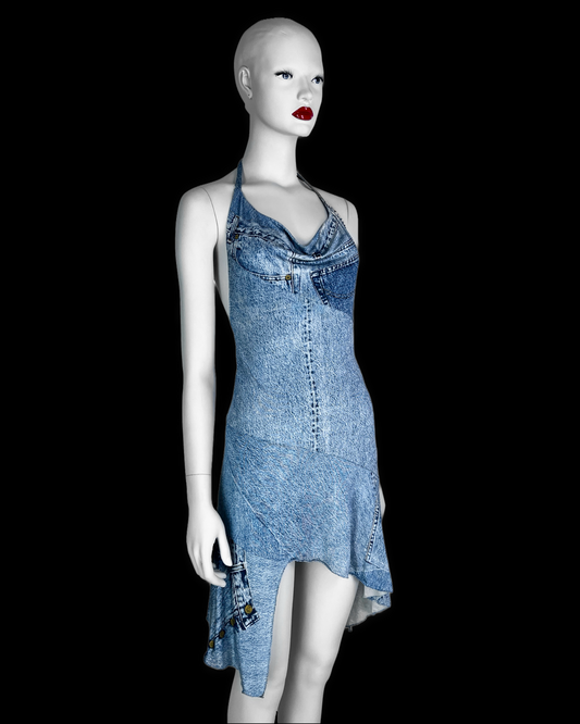 Dior Spring 2000 RTW Denim Trompe L’œil Silk Mini Dress