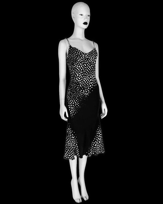 Roberto Cavalli Spring 2002 Silk Bias Cut Animal Print Black and White Dress