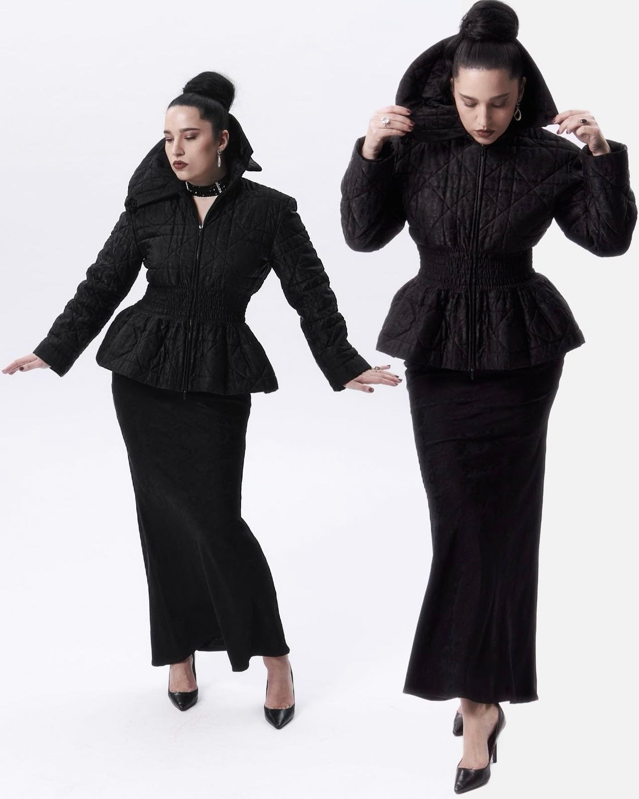 Dior by John Galliano Fall 1998 Black Peplum Monogram Jacket and Jacquard Evening Skirt Runway Ensemble