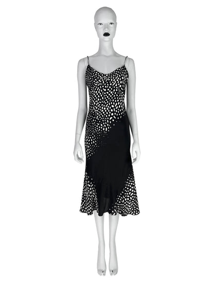 Roberto Cavalli Spring 2002 Silk Bias Cut Animal Print Black and White Dress