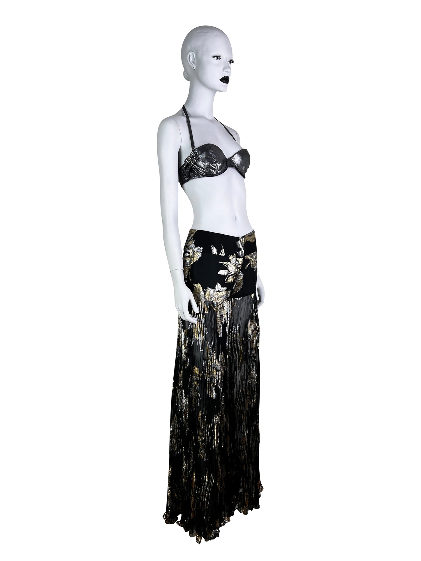 Dolce & Gabbana Fall 2000 Lamé Brocade Black Chiffon Silk Pleated Evening Trousers