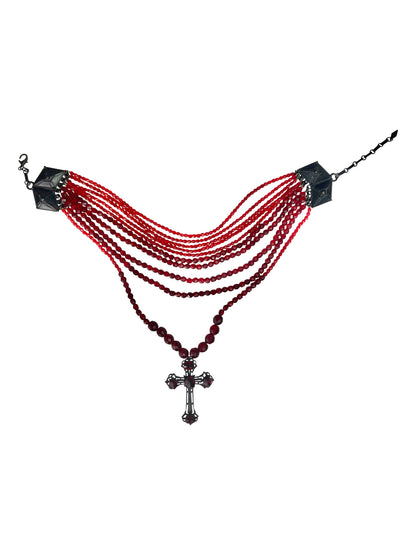 Jean-Paul Gaultier Fall 1998 Red Glass Bead Multi-Strand Choker Necklace with Cross